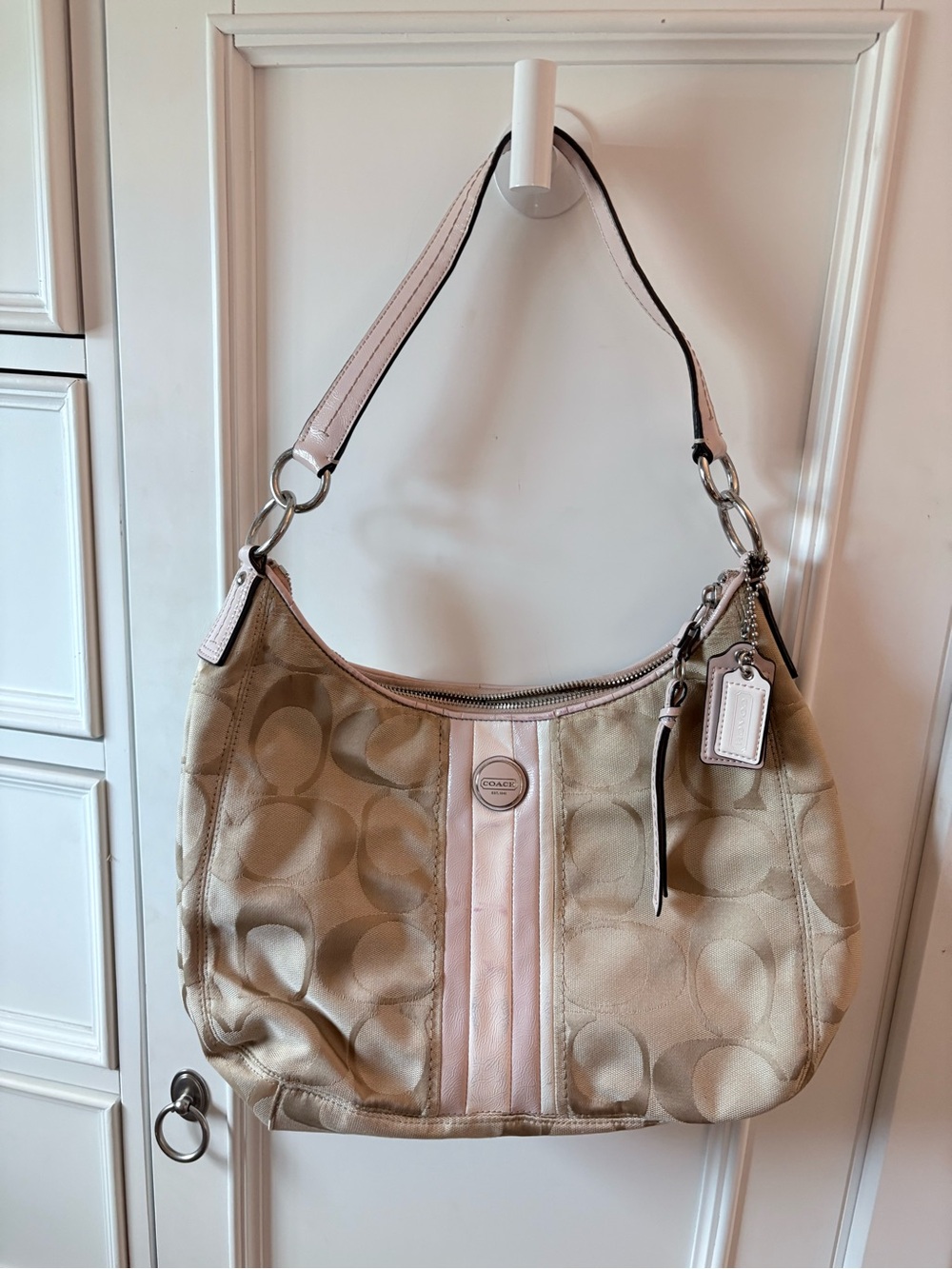 Coach Beige Signature Hobo with Pale Pink Trim